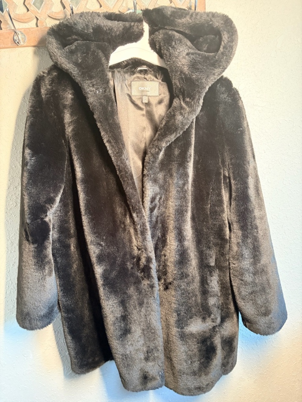 DKNY Black Faux Fur Hooded Coat Size Small Soft Luxe Winter Jacket